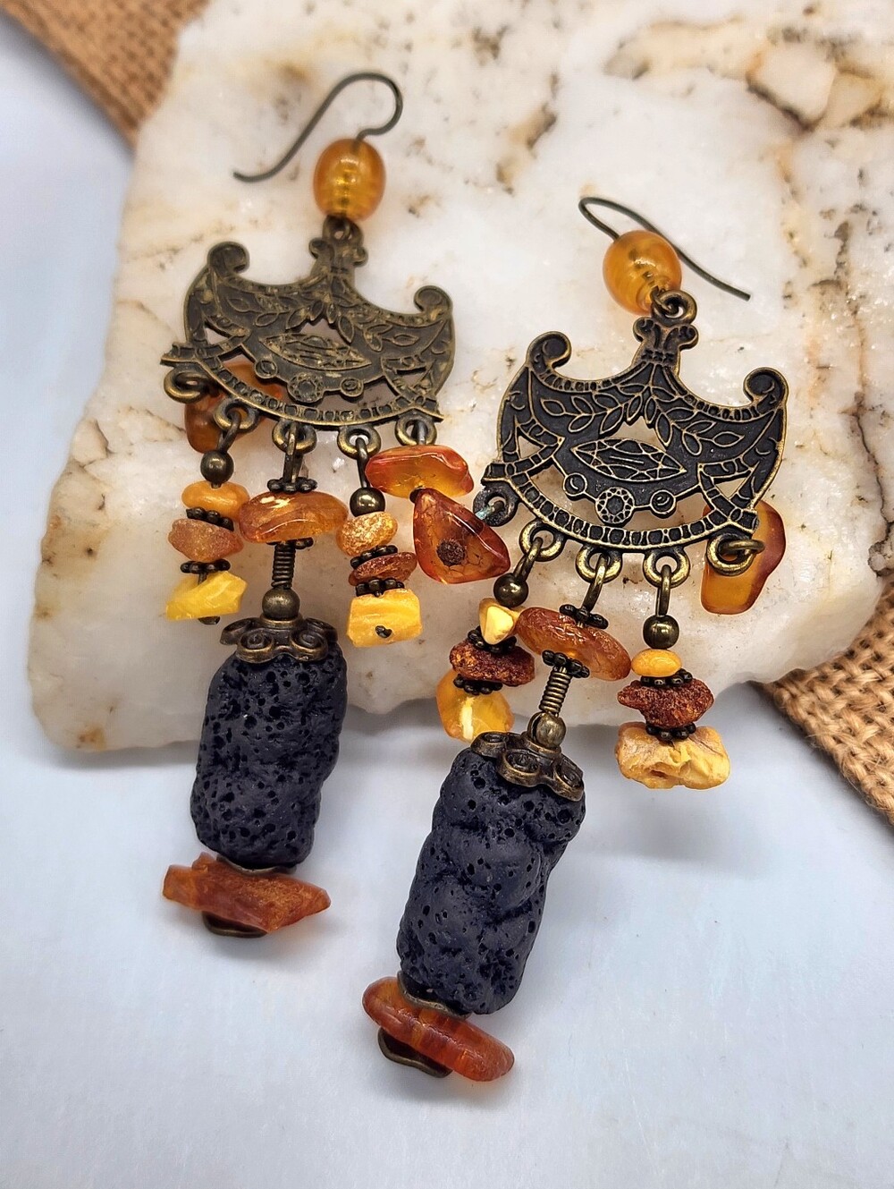 VINTAGE AMBER DROP DANGLE LONG EARRINGS Bronze 'Antique" Gold Lava Stone